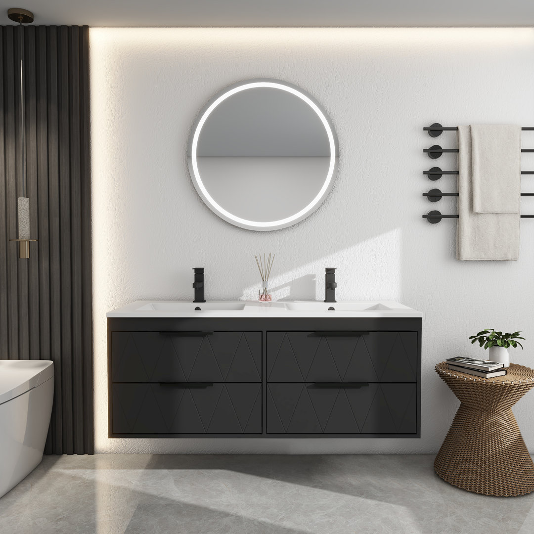 Sharee 48" Modern Wall-Mount Double Sink Bathroom Vanity with Resin Top, Zinc Alloy Faucet, Painted Floating Cabinet, Soft-close Drawers